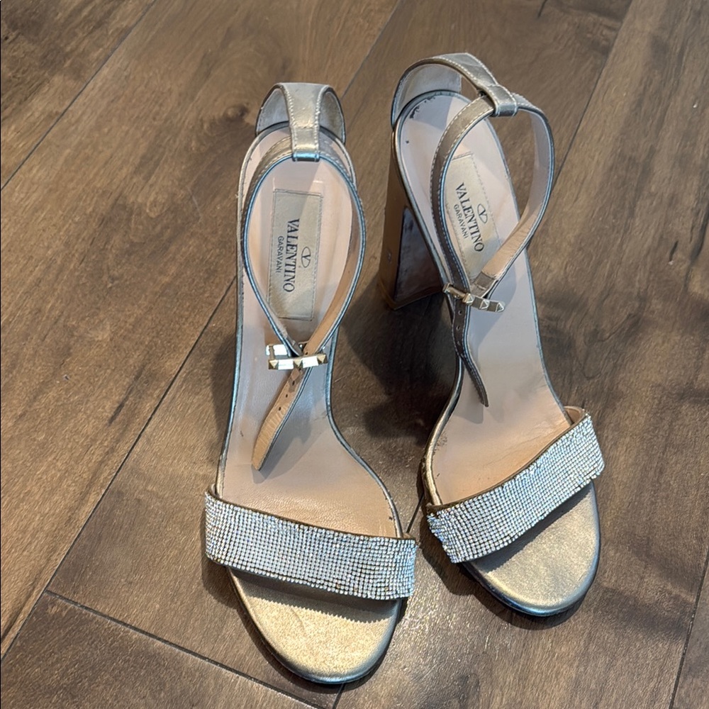 Valentino Gold block heel embellishments 
Very worn
